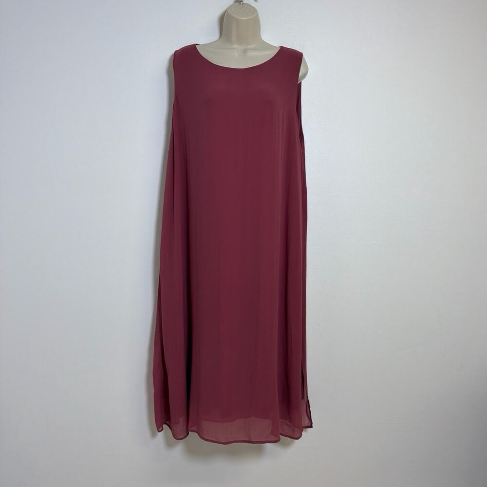 Eileen Fisher 100% Silk Double Layer Split Back Keyhole Midi Tank Dress Size XL